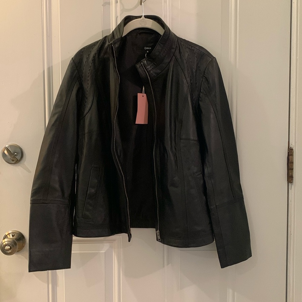 Quince black leather stand collar jacket